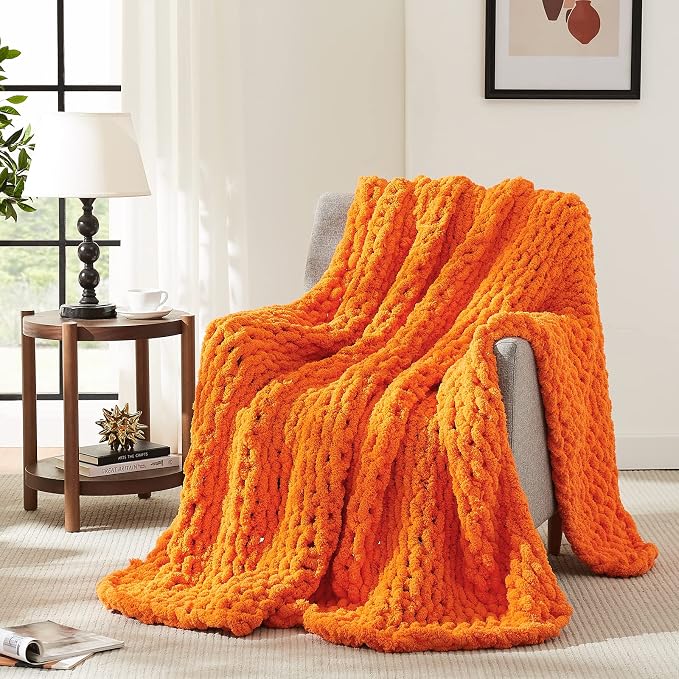 L'AGRATY Chunky Knit Throw Blanket for Couch 72'' x 84'' Knit Throw, Orange | Handmade Chenille Crochet Blanket for Sofa Bed, Thick Cable Knitted Blankets for Room Home Decor, Birthday Gift for Women Mom