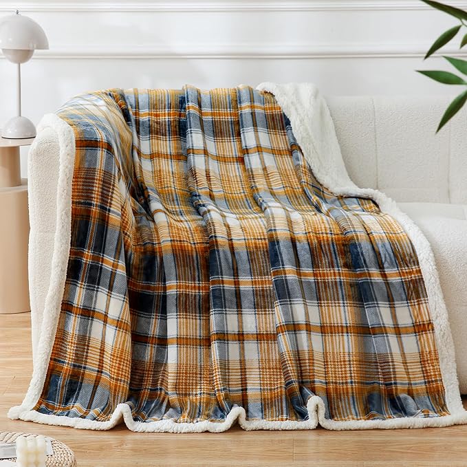 PU MEI Sherpa Blanket Twin Plaid Thick Bed Blanket, 60”*80” Super Soft Flannel Fuzzy Fleece Reversible Velvet Plush Warm Blanket for Couch (Blue Yellow Check)