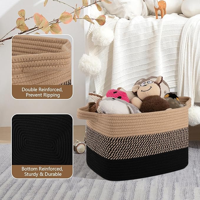 OIASKET Storage Basket for Organizing, Woven Baskets for Storage, Rectangle Decorative Baskets for Shleves, Closet, Toys, Books, Nursery Organizer Bins - Pack of 3 (Black & Brown, 13"x9.85"x8.7")