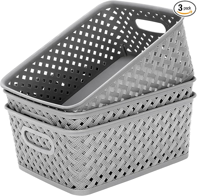 MaxGear 3 Pack Plastic Storage Baskets, Medium, Grey | Durable Woven Plastic with Built-In Handles, Suitable for Shelves, Closets, Cabinets, Bathrooms and Offices