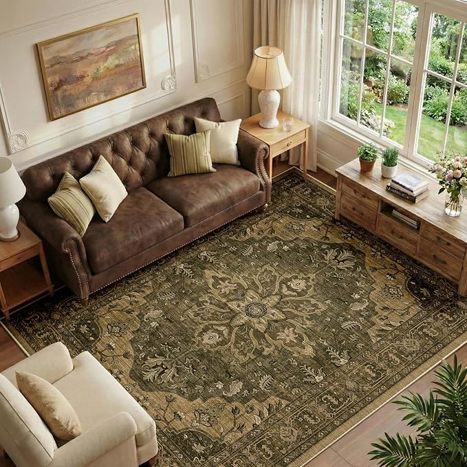 RELEANY Washable Area Rug, 6'x9', Brown/Dark Brown | Non-Slip, Water Repellent, Pet Friendly, Easy to Clean, Vintage Floral Boho Decor for Living Room Bedroom Dining Room Office