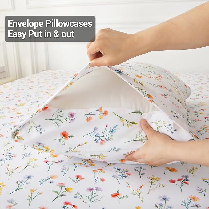 Viviland Floral King Sheet Set - 4 Piece Vintage Botanical Flower and Leaves Patterned Bed Sheets - Soft, Breathable Microfiber Sheets with Deep Pocket, Non-Slip Fitted Sheets & Pillowcases