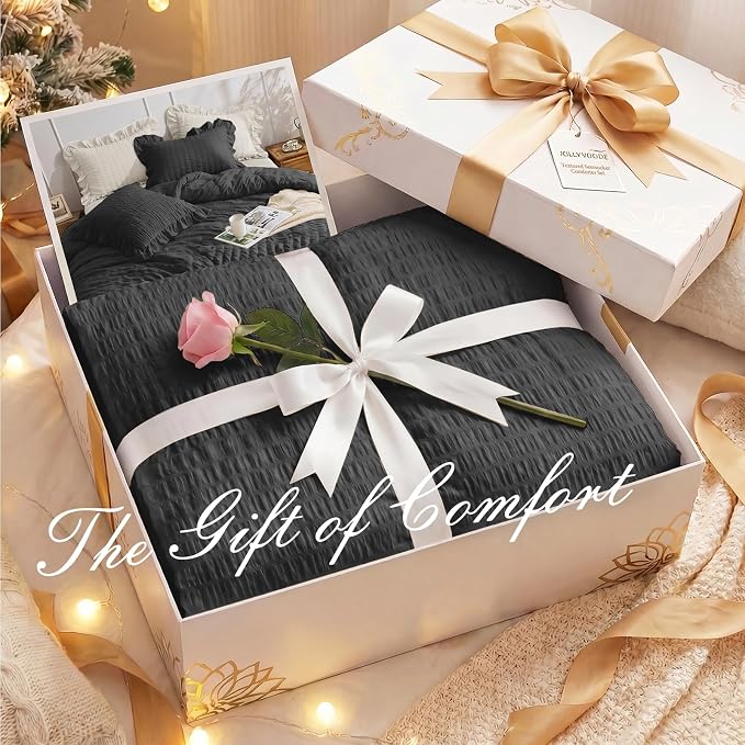 JOLLYVOGUE Black Twin/Twin XL Comforter Set, 2 Pieces Seersucker Lightweight Fluffy Bedding Set, Twin Ruffle Comforter, All Season Soft Microfiber Shabby Chic Bed Set
