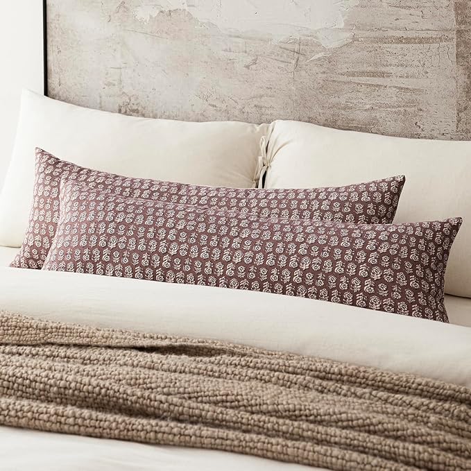Foindtower Set of 2 Decorative Vintage Long Lumbar Throw Pillow Covers Neutral Modern Farmhouse Cushion Covers Floral Home Decor for Sofa Couch Chair Bedroom Living Room,14×36 Inch,Wine Red