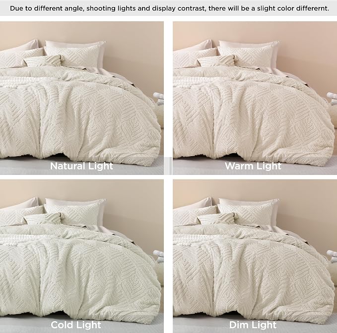 Litanika Oversized Queen Comforter Set, 3 Pcs Beige Tufted Boho Bedding Set | Farmhouse Shabby Chic Vintage Bohemian Textured Aesthetic Soft Fluffy Lightweight Breathable All Season Bed Set