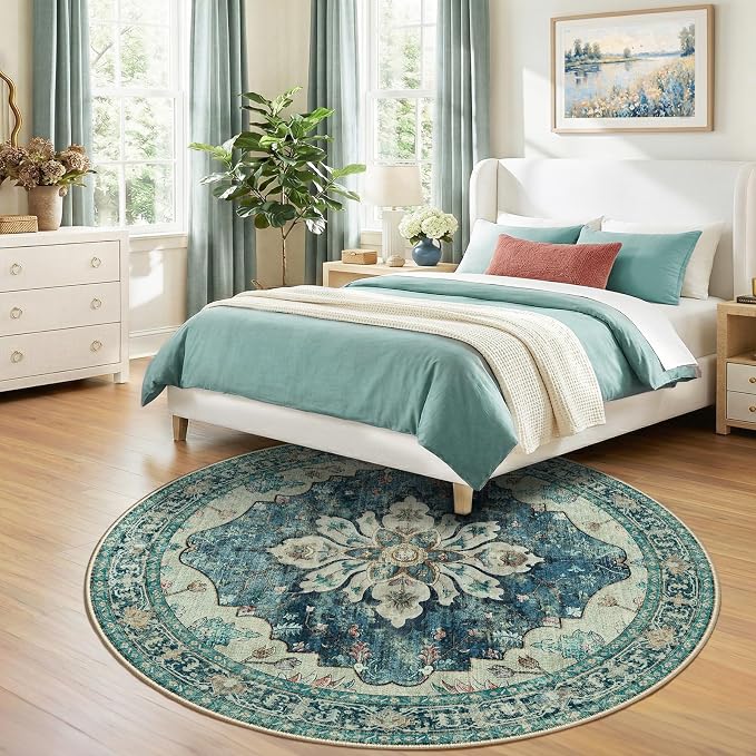 RELEANY Washable Area Rug, Round 7ft, Blue/Vintage Dark Blue | Non-Slip, Water Repellent, Pet Friendly, Easy to Clean, Vintage Floral Boho Decor for Living Room Bedroom Dining Room