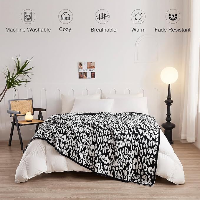 MH MYLUNE HOME Ultra Soft Leopard Throw Blanket, Black White, 71"x78" | Reversible Fleece Throw Blanket, Comfy Fluffy Fuzzy Plush Blanket Throws for Couch Sofa Bed, Cozy Blankets for Women Gift