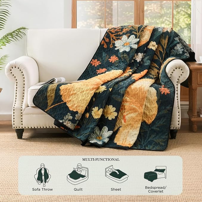 Andency Quilt King Size, Green Floral Boho Summer Bedspread 3 Pieces | Golden Flower Botanical Summer Bedspreads with 2 Shams, Reversible Polyester Coverlet Set for All Seasons, 106"x96"