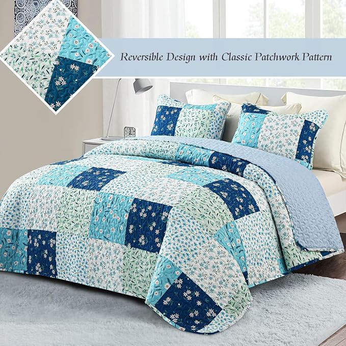 Whale Flotilla Patchwork Quilts Twin Size, Extra Soft Floral Bedspreads | Blue Reversible Lightweight Twin Quilt Bedding Set for Bed, Printed Coverlets with 1 Pillow Sham for All Seasons