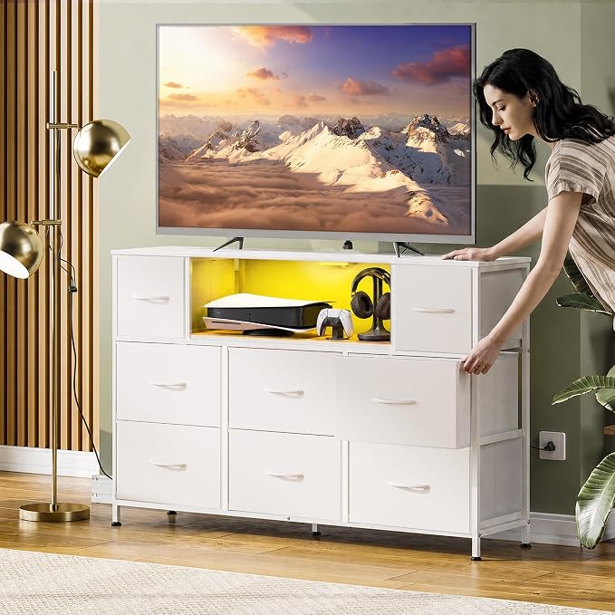 WLIVE LED Dresser TV Stand for 55 Inch TV, 8 Drawers, White | Fits TVs up to 55 inch, 8 fabric drawers, LED chest of drawers, Built-in power outlet, Living room or bedroom