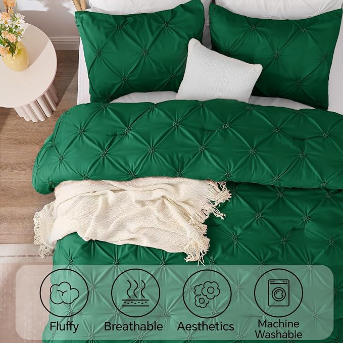 BEDELITE King Comforter Set Forest Green,Lightweight & Soft Comforter | Pintuck Boho Bedding, Warm & Cute Bed Set for All Season,With 2 Pillowcases