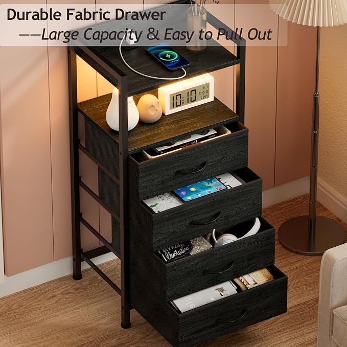 Furnulem Night Stand with Charging Station,LED,Tall Bedside Table for Dorm | 4 Drawer Dresser for bedroom, with LED light & Remote Control, Fabric Bins and Metal Frame,Wood Desk Top,Easy Assemble,Black