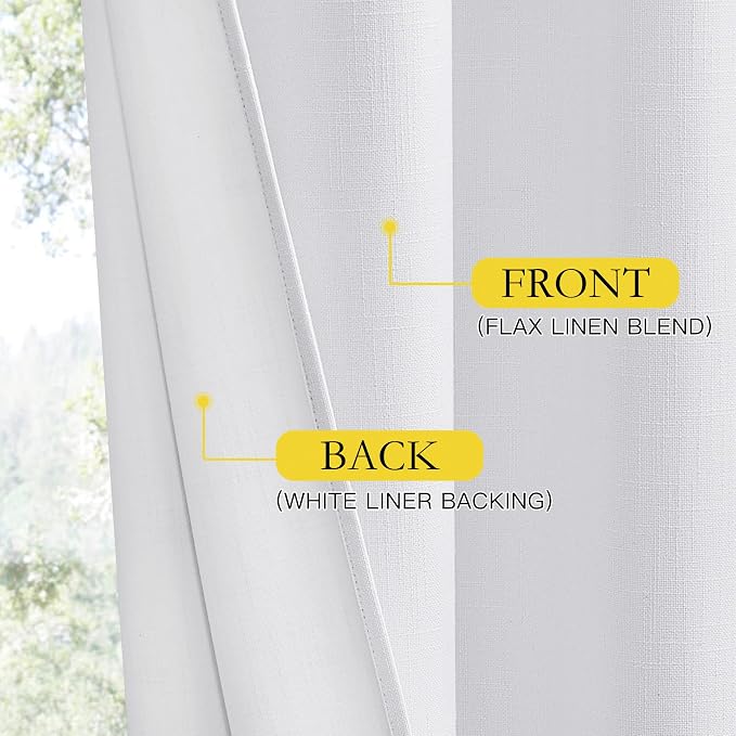 NICETOWN 100% Absolutely Blackout Linen Curtains with Thermal Insulated White Liner, White, 34 inches Wide, 70 inches Length Energy Saving Curtains for Living Room 2 Panels Set, Vertical Blinds