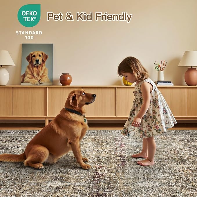 8x10 Area Rugs for Living Room, Non-Slip Washable Brown Large Carpet | Soft Area Rugs for Bedroom, Dining Room, Home Office Indoor Nursery, Stain Resistant, Low Pile, Vintage Distressed Rug