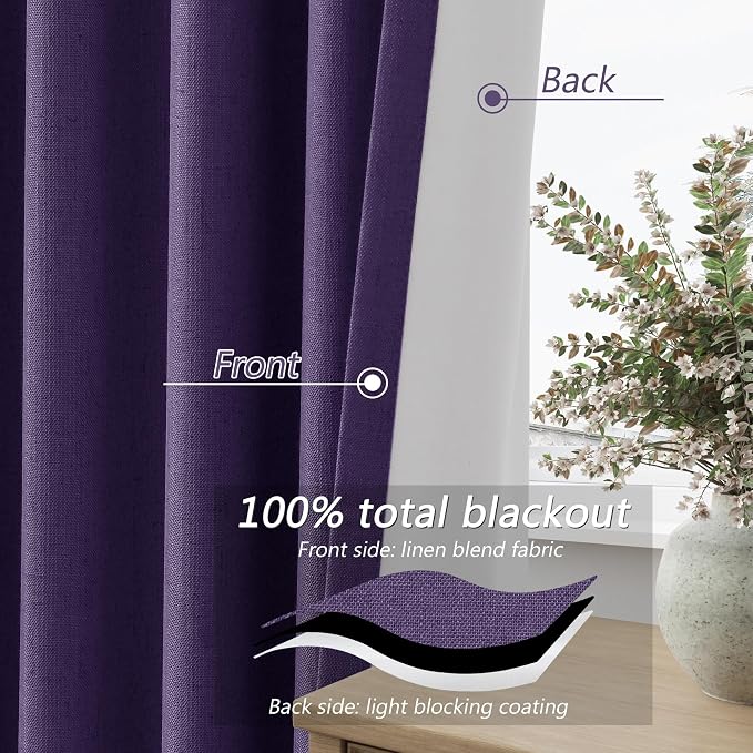 100% Blackout Curtains 84 Inch Length 2 Panels Set for Living Room Bedroom Back Tab Thermal Insulated Black Out Linen Drapes Room Darkening New Purple,52x84