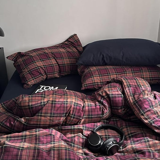 mixinni Vintage Burgundy Buffalo Plaid Comforter Cover Set Twin Size - 3 Piece Mid-Century Modern Washed Cotton Bedding, Soft Breathable Grid Duvet Cover with Matching Pillowcases for All-Season
