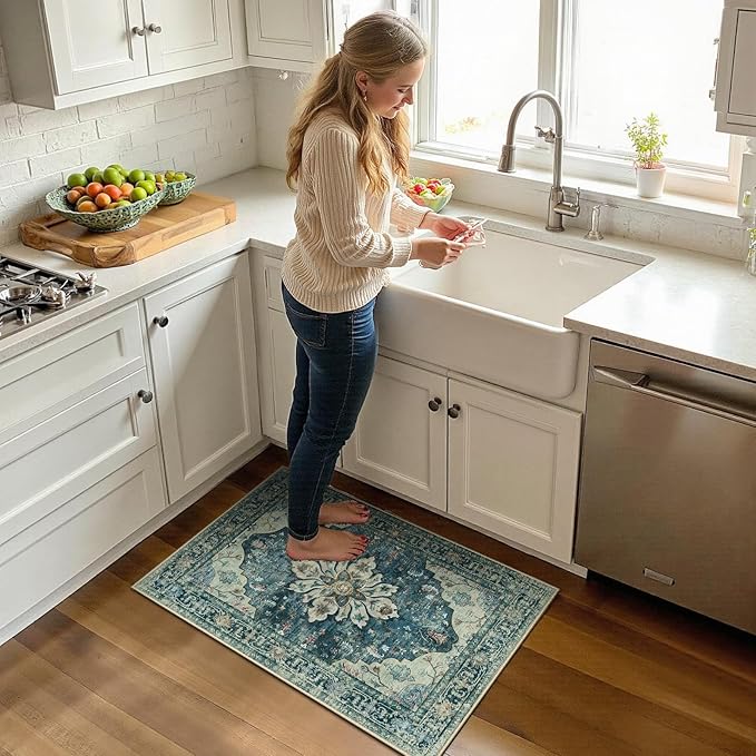 RELEANY Washable Area Rug, Small 2'x3', Blue/Vintage Dark Blue | Non-Slip, Water Repellent, Pet Friendly, Easy to Clean, Vintage Floral Boho Decor for Kitchen Entryway Bathroom