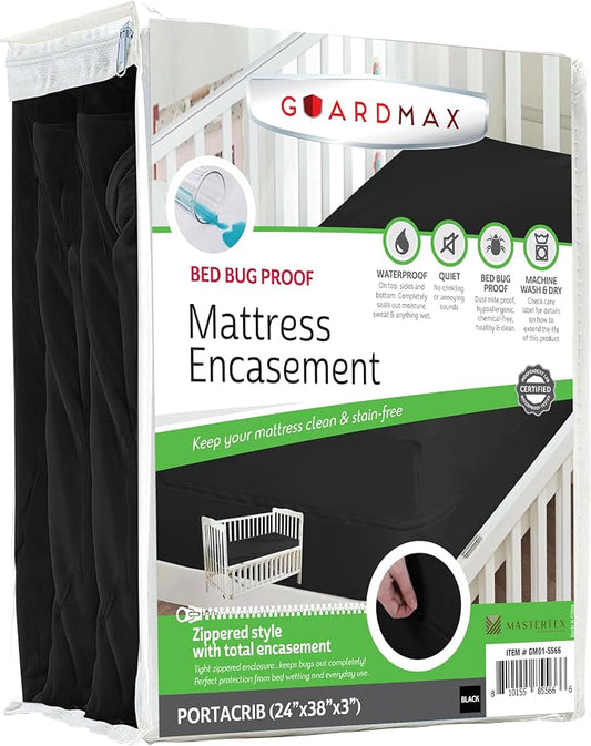 Guardmax Portacrib Mattress Encasement with Zipper, Waterproof, Bed Bug Proof, and Dust Mite Proof Mattress Protector for Bed up to 3" Deep, Zippered All Around Jersey Knitted Mattress Cover