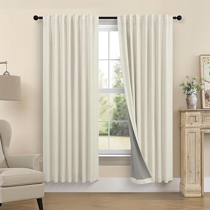 Pitalk Short Small Window Room Darkening Curtains 68 Inches Long for Master Bedroom Guest Room Dining Basement Rustic Neutral Soundproof Blackout Beige Linen Curtains Back Tab 52 x 68 Length 2 Panels