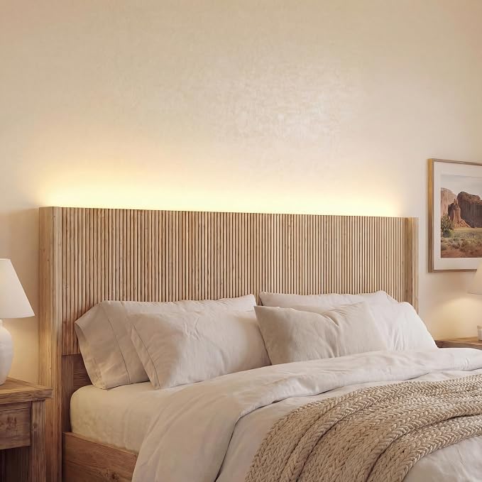 Queen Size Headboard Only, Modern Fluted Wall-Mounted Head Board with Lighting, Boho Wood Bed headboard Stylish Bedroom Decor, Natural