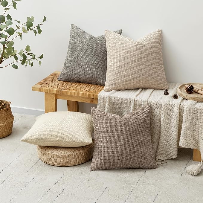 MIULEE Decorative Chenille Pillow Covers Neutral Beige 20x20 Pack of 4 | Modern Home Decor, Cozy Cream Collection, Couch Throw Pillows, Farmhouse Boho Cushion Covers for Sofa Bed Living Room