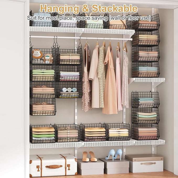 6 Tier Closet Hanging Organizer, Clothes Hanging Shelves with 4 Hanging Hooks 5 S Hooks, Wire Storage Basket Bins, for Clothing Sweaters Shoes Handbags Clutches Accessories Patent Design-Black