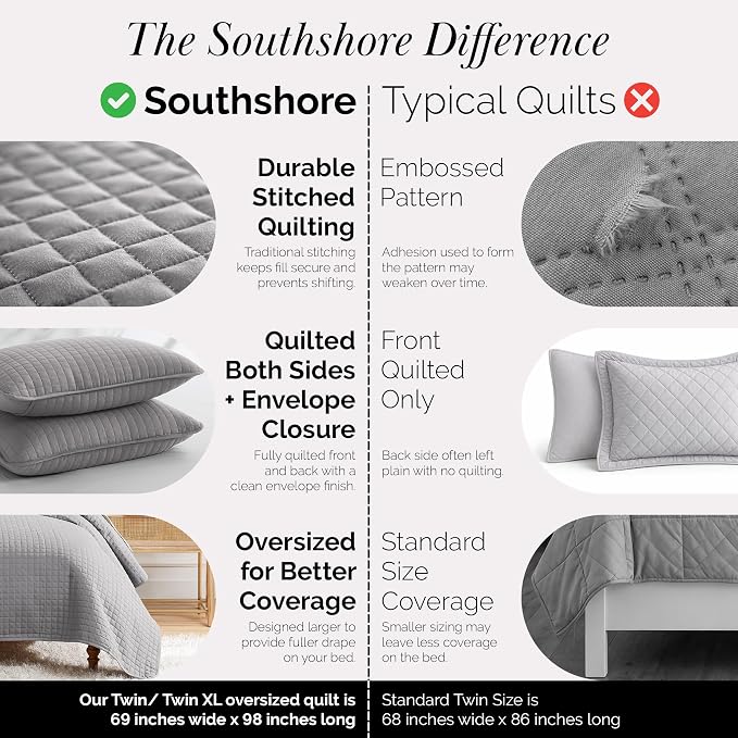 Southshore Fine Living, Inc. Twin XL Quilt Set, Dorm Room Bedding Essentials, Hotel Quilt, Soft Bedspread Twin XL Grey Quilt Bed Spread with Pillow Sham, Vacation Rental Quilt, Steel Grey Quilts