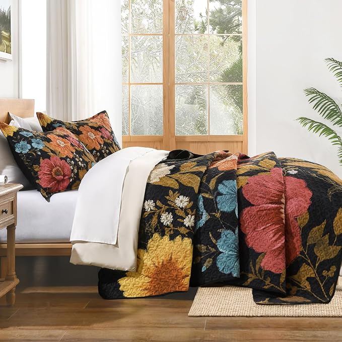 Quilt King Size, Colorful Floral Boho Summer Bedspread 3 Pieces | Golden Flower Botanical Summer Bedspreads with 2 Shams, Reversible Polyester Coverlet Set for All Seasons, 106"x96"