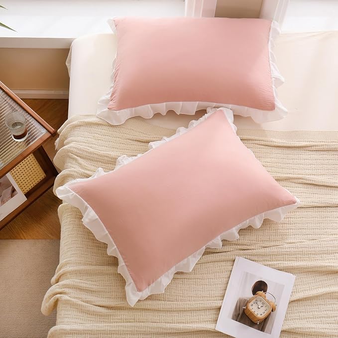 Merryword Pink Pillow Shams Pink and White Reversible King Pillowcases Cute Pillow Cover Set of 2 Soft Shabby Chic Ruffled Pillowcases 2 Pack (King (20''x36''), Pink White)