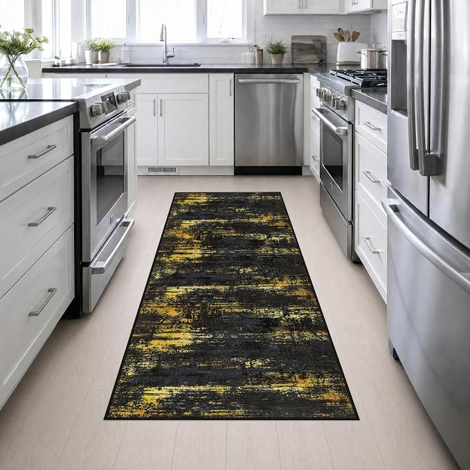 3x8 Washable Runner Rug：Modern Abstract Soft Carpet Black Gold | For Hallway, Bedroom, Kitchen, Laundry, Bathroom,Door Mat,Modern Abstract,Machine washable,Non-Slip,Stain Resistant,Indoor