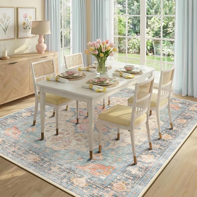 RELEANY Washable Area Rug, 5'x7', Blue/Orange/Red | Non-Slip, Water Repellent, Pet Friendly, Easy to Clean, Vintage Floral Boho Decor for Living Room Bedroom Dining Room Office
