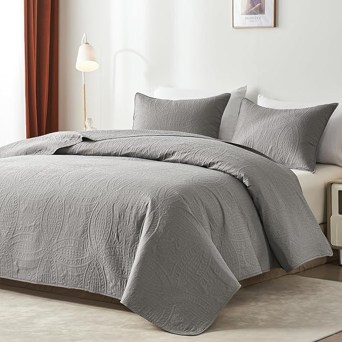 akkialla Twin Quilt Bedding Set,Grey Ultrasonic Quilt Set,Lightweight Soft Bedspread Coverlet,Modern Style Coin Pattern Bed Cover for All Seasons,2 Piece(1 Quilt,1 Pillow Sham)