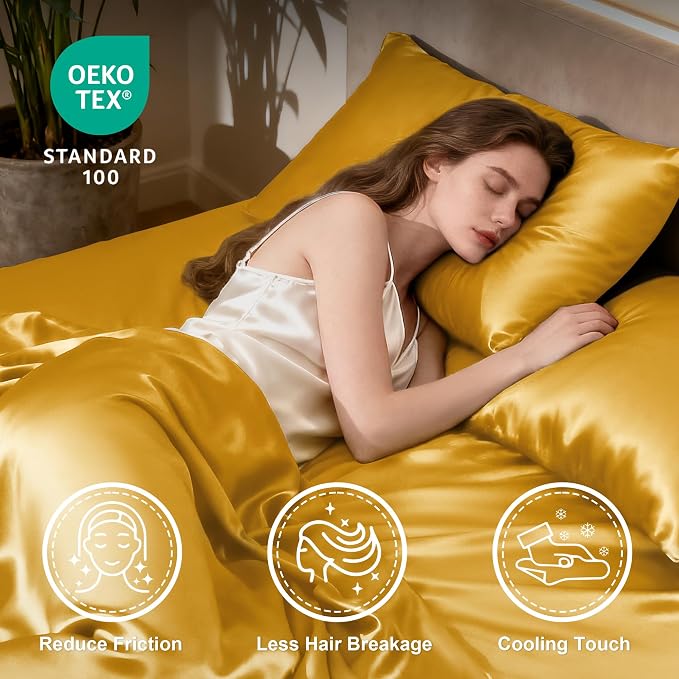 Love's cabin Full Size Satin Sheet Sets - 4 Piece Gold Silky Sheet Set with Deep Pocket, Luxury Silk Feel Satin Sheets Full Bedding Set (1 Flat Sheet,1 Fitted Sheet,2 Pillow Cases)