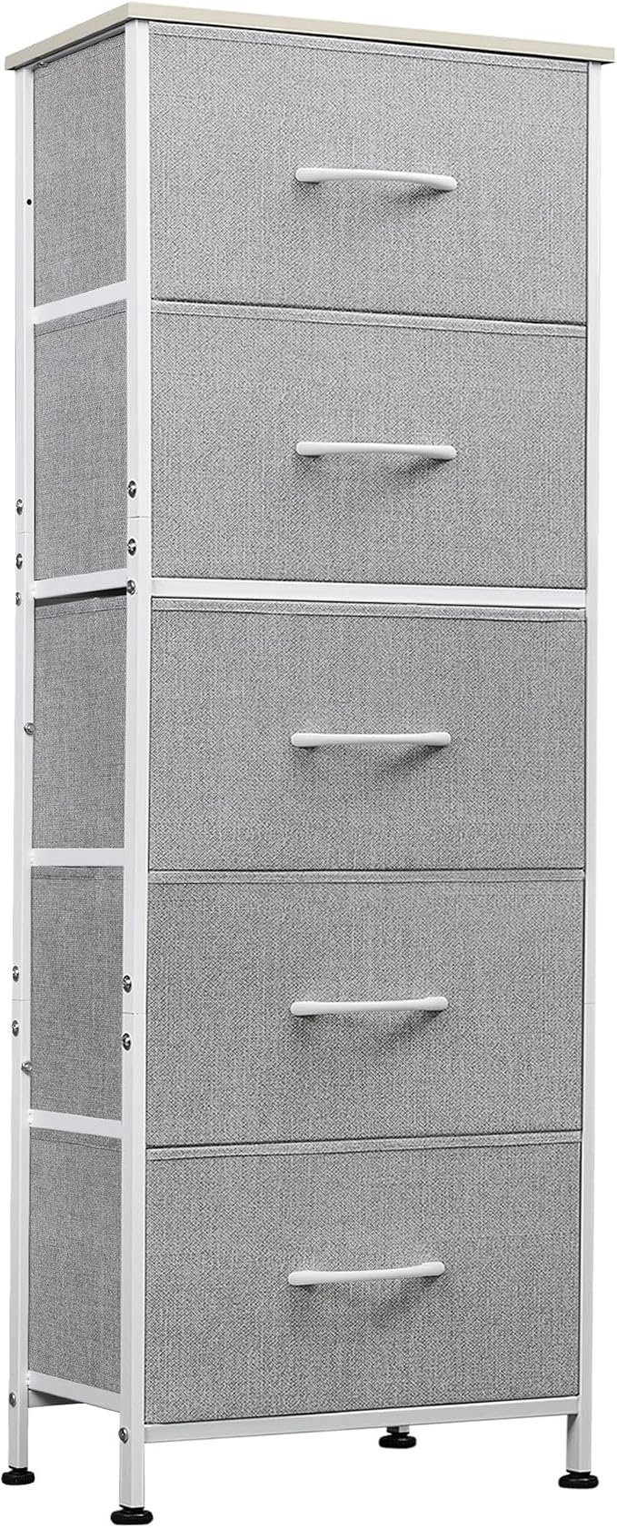 WLIVE Tall Dresser for Bedroom, 5 Drawer Dresser, Light Grey | 5 vertical fabric drawers, Tall vertical design, Bedroom or closet use, Dresser for small spaces, Chest of drawers