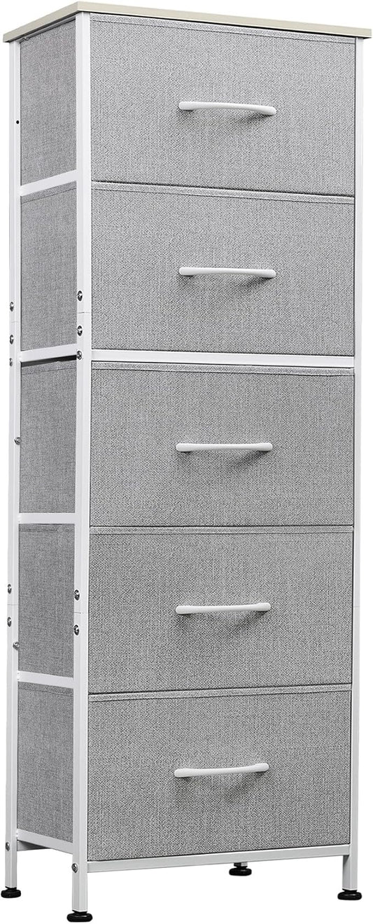 WLIVE Tall Dresser for Bedroom, 5 Drawer Dresser, Light Grey | 5 vertical fabric drawers, Tall vertical design, Bedroom or closet use, Dresser for small spaces, Chest of drawers