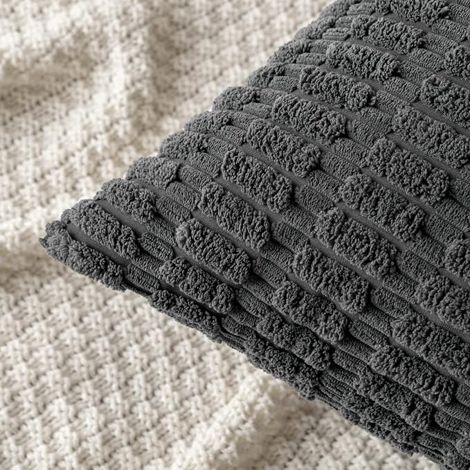 MIULEE Corduroy Decorative Throw Pillow Covers 18x18 Dark Grey Pack of 2 | Soft Boho Striped Pillow Covers Modern Farmhouse Home Decor For Sofa Living Room Couch Bed
