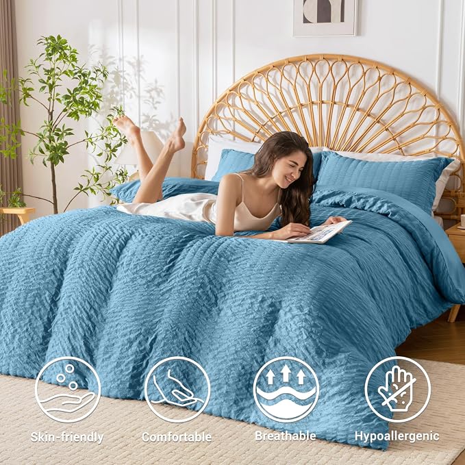 HYMOKEGE Mineral Blue Duvet Cover Full Size, Ultra Soft 3-Piece Seersucker Duvet Cover Set with Zipper Closure, Soft Brushed Microfiber Bedding Set with 8 Corner Ties (80"x90", 2 Pillowshams)