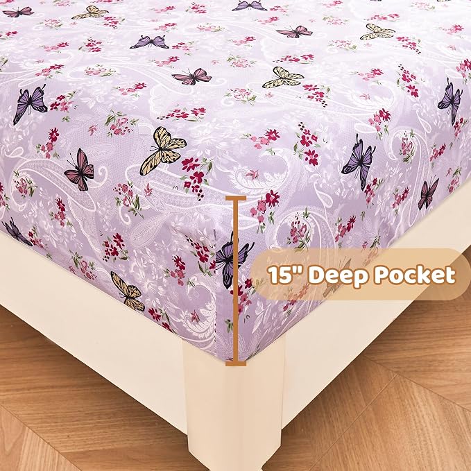 Softan Floral King Bed Sheets, Purple Paisley Flower Printed Sheet Set - Brushed Microfiber King Fitted Sheet with 15" Deep Pocket and Corner Straps, Butterfly Patterned Sheet & Pillowcase Sets