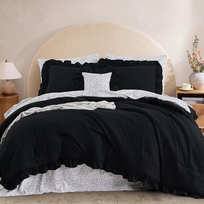 King Size Comforter Set-7 Pieces Ruffle Bedding Floral Sheet | Black Bed in a Bag, Soft Lightweight All Season Farmhouse King Size Bedding Sets with Floral Sheets, Pillowcases & Shams