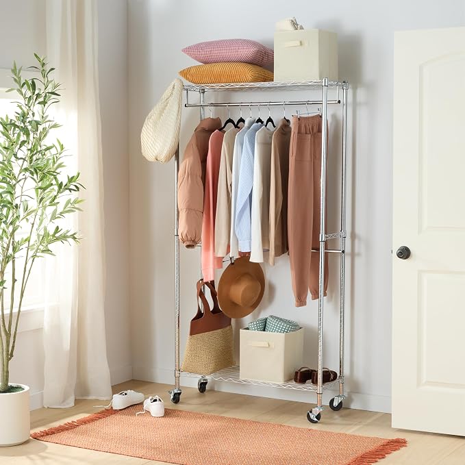 Amazon Basics Adjustable Double Rod Rolling Garment Rack, Hanging Clothes Closet Organizer with Wheels, Heavy Duty, 36" x 14" x 72", Black