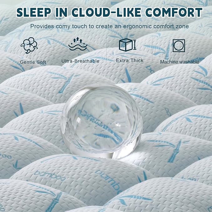 4 Inch Mattress Topper Memory Foam Cooling Bamboo Full Size Back Pain | Gel Airflow Channels Wick Heat Moisture Orthopedic Support Deep Pocket 360 Edge Fits 8-21 Inch Washable Hypoallergenic Full