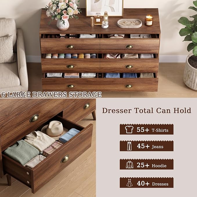 Walnut 6 Drawer Dresser for Bedroom, 47" Wood Dresser with Gold Handles. | Modern Dressers & Chests of Drawers for Living Room, Hallway, Entryway.