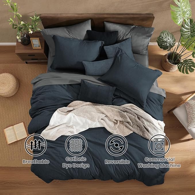 Monbix California King Size Comforter Set 7 Pieces Navy Blue Bed in a Bag | Cationic Dyeing Reversible All Season Bedding Sets with Comforter, Sheets, Pillowcases & Shams