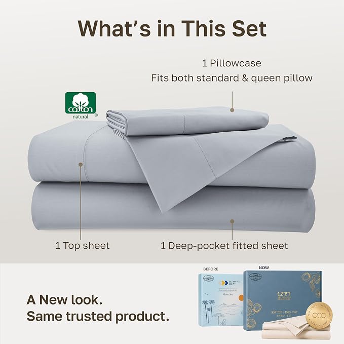 California Design Den 100% Cotton Sateen Twin Size Sheets, 3 Pcs Set | Soft 500 Thread Count Backed by Good Housekeeping Seal, All-Around Elastic, OEKO-TEX certified- Mineral Grey