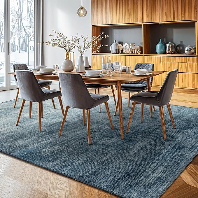 LIANLAM 10x12 Washable Rug, Blue Solid Area Rugs for Living Room & Bedroom | Stain-resistant & Non-slip backing,Low Pile Washable Large Carpet, Solid Vintage Style For High Traffic Areas(10x12,Blue)