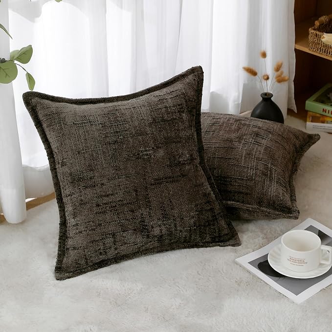 HPUK Chenille Throw Pillow Covers 18x18 Inch, Soft Woven Texture, Set of 2 | Plush woven texture, invisible zipper, couch sofa bed bedroom living room decor, square cushion covers, inserts not included