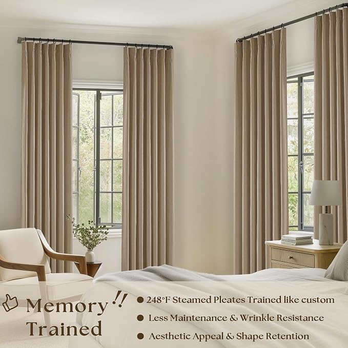 Light Brown 100% Blackout Pinch Pleated Linen 63 Inch Curtains with Liner | Memory Trained, Thermal Insulated, Heat Blocking, Black Out Curtains for Small Window Dining Room Bedroom 2 Panels W40xL63