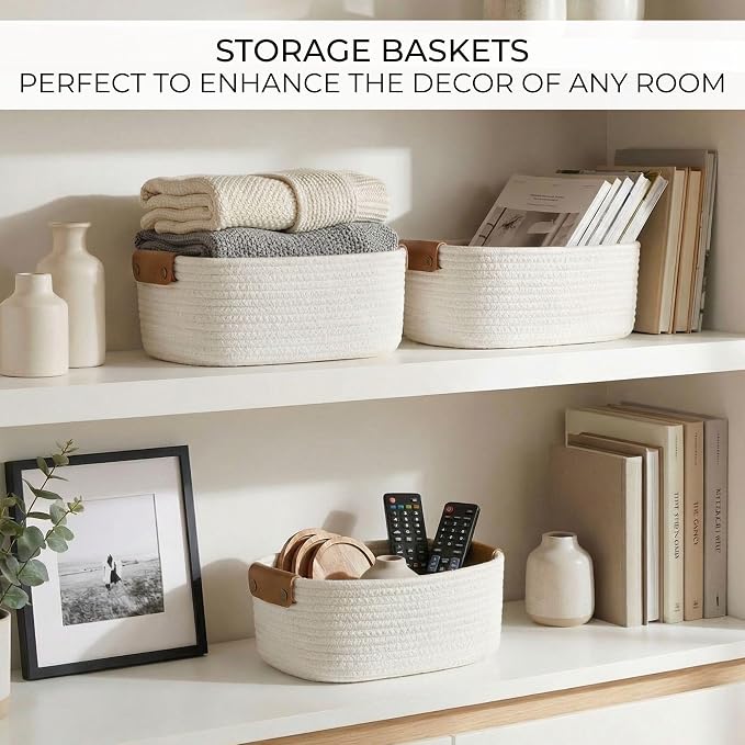 Beautiful Storage Basket Set of 3 - Sturdy Rope Baskets for Shelves | Perfect for Organizing Your Home - Quality Storage Bins Easily Fit with Any Nursery or Bedroom Decor