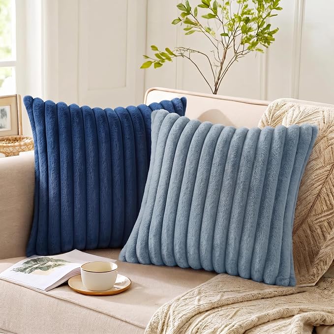 Pack of 2 Throw Pillow Covers 20x12 Decorative Solid Plush Faux Fur with Soft Velvet Back, Square Striped Cushion Cases Modern Farmhouse Home Decor for Living Room Couch Sofa Bed Serene Blue