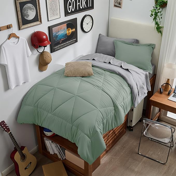 BEDELITE Twin XL Comforter Set 5 Pieces, Reversible Sage Green Bed in A Bag | Soft All Season Down-Alternative Comforter, Sheets, Pillowcases & Shams, OEKO-TEX Certified Bedding for Drom Room, College